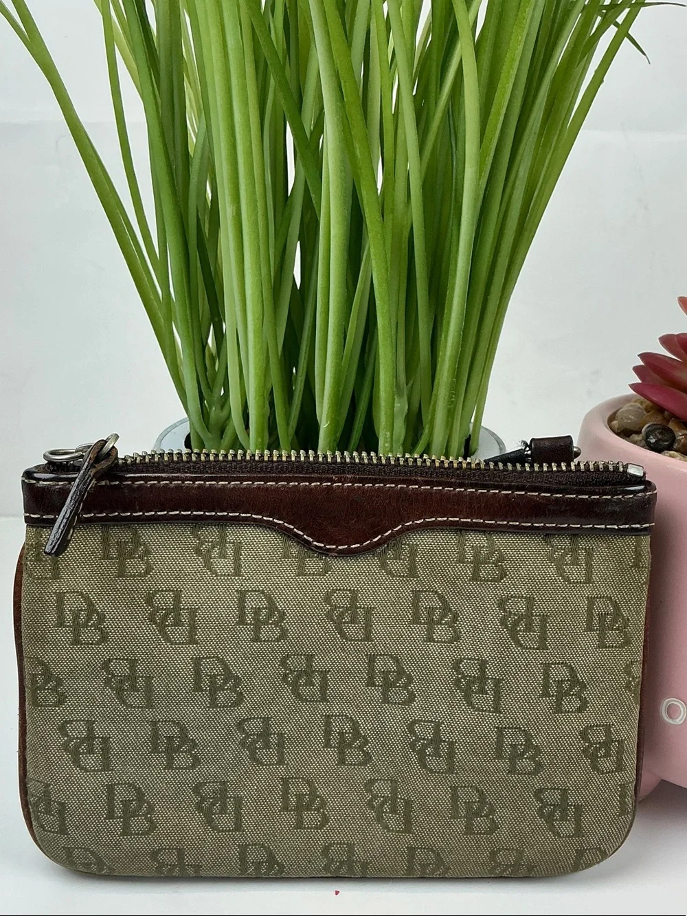 Dooney & Bourke Brown Monogram Canvas Key Pouch with Chain